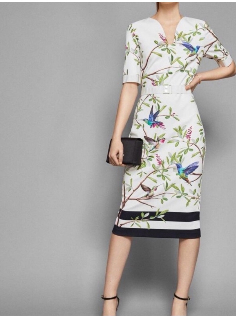Ted Baker Everly White Midi Dress with Multicolor Bird & Botanical Print